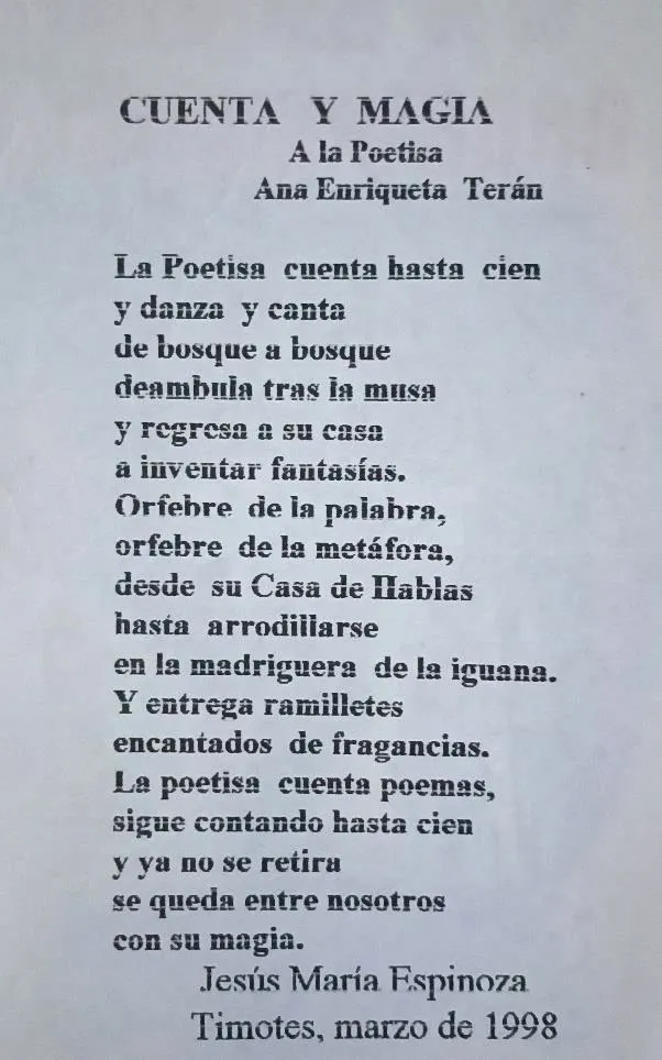 El poema «Cuenta y Magia», dedicado a la poetisa por Jesús María Espinoza, Timotes, marzo de 1998.