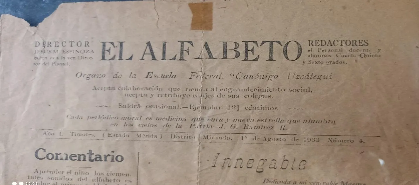 La cabecera de El Alfabeto, «Órgano de la Escuela Federal Canónigo Uzcátegui», en un ejemplar de 1933.