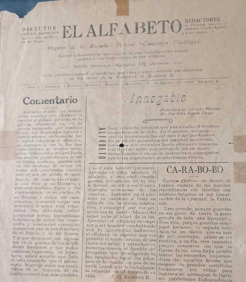 Primera página de un ejemplar de El Alfabeto, con las secciones «Comentario», «Innegable» y «Ca-ra-bo-bo».