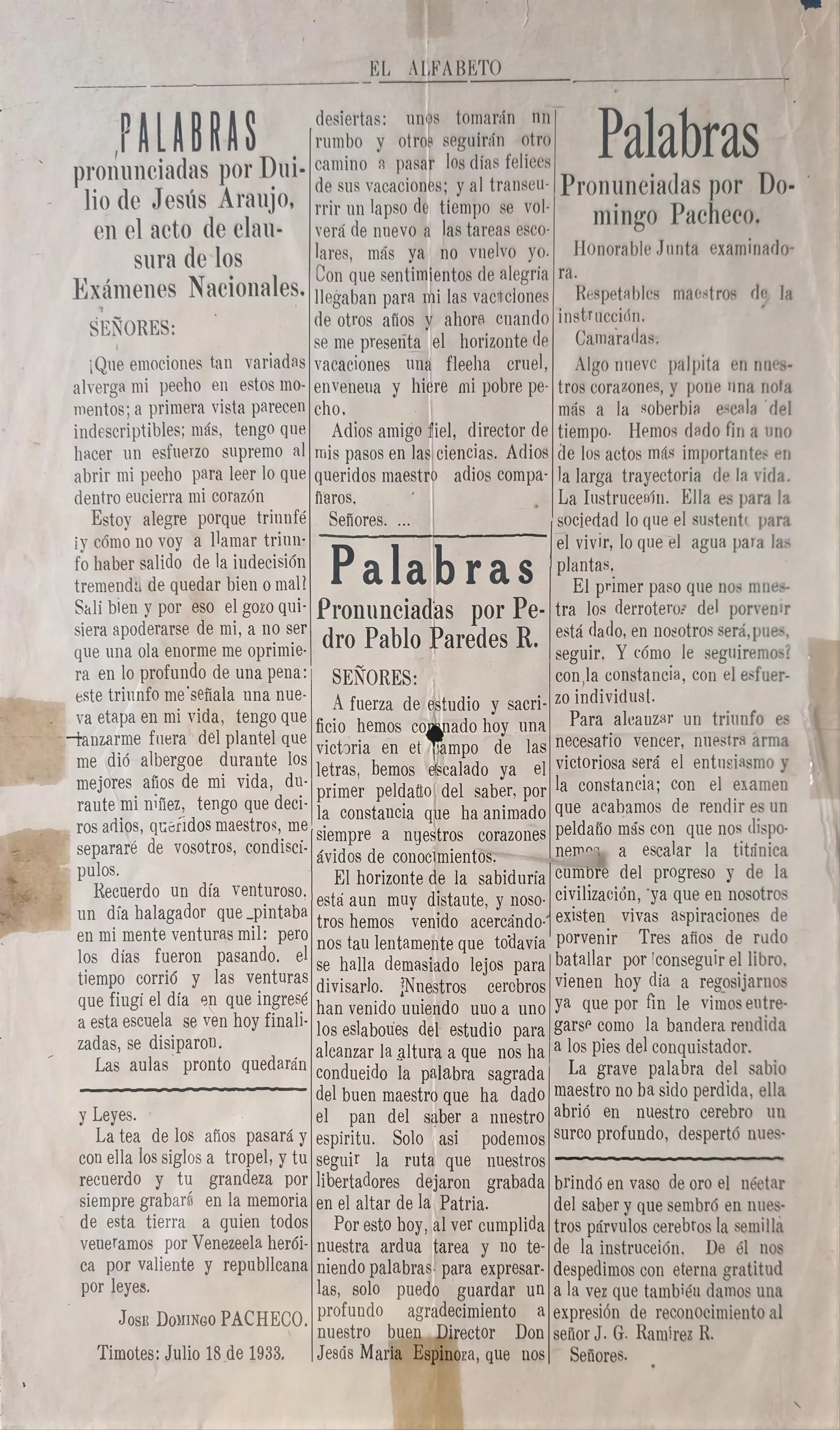 Página con tres discursos de alumnos.
