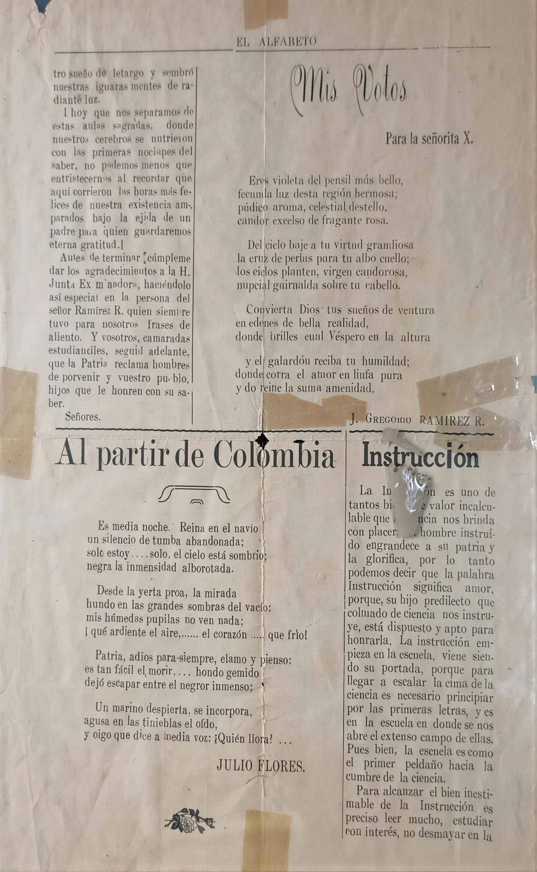 Página con los poemas «Mis Votos» y «Al partir de Colombia», y el texto «Instrucción».