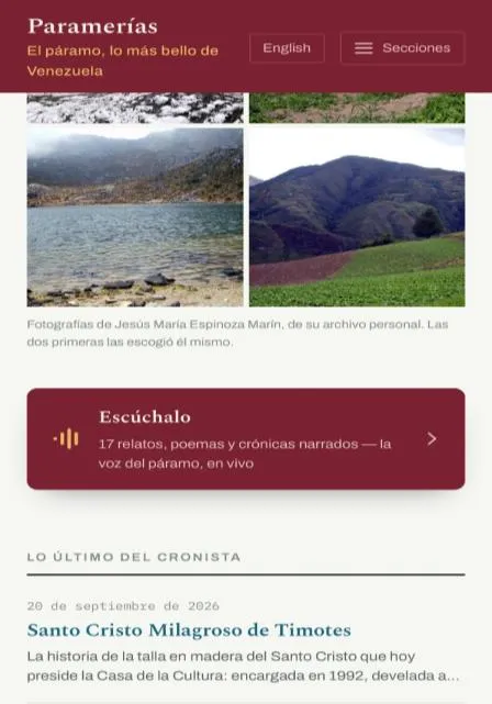La página principal en el teléfono: las fotografías del cronista y el acceso a escuchar los relatos, poemas y crónicas narrados.
