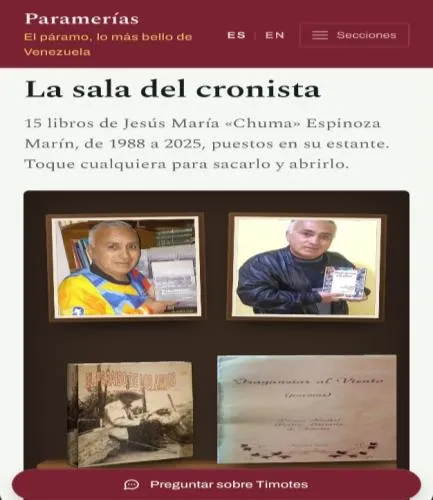 La sala del cronista: sus libros, de 1988 a 2025, puestos en su estante para sacarlos y abrirlos.