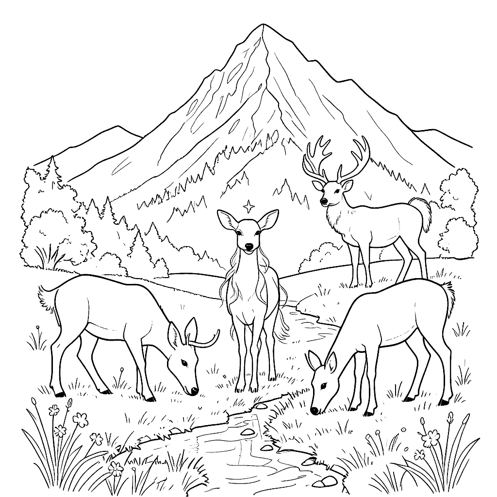 Dibujo para colorear: los venados de Mucumbás y la Cierva Encantada con una estrella en la frente, junto a un arroyo al pie de la montaña.