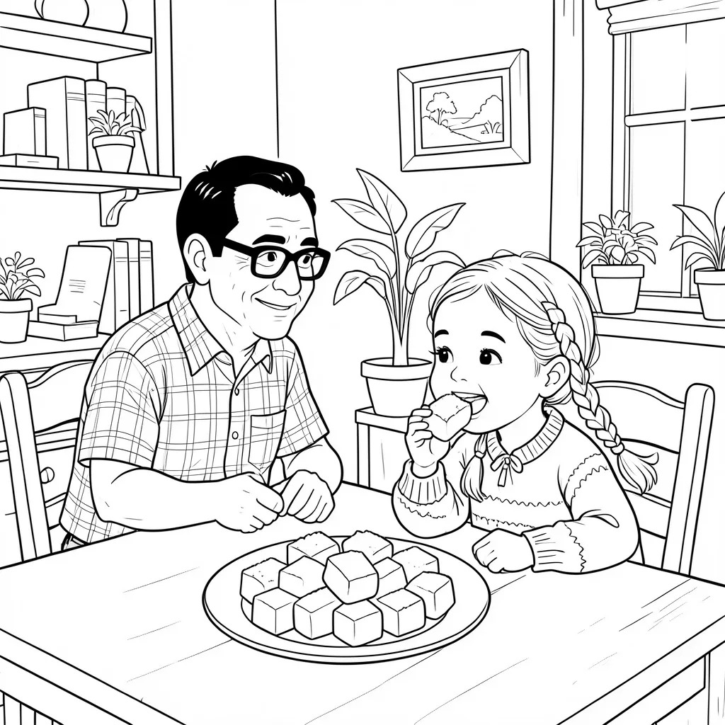 Dibujo para colorear: Lucía y su abuelo comen tabletas de cidra en la mesa de la casa.