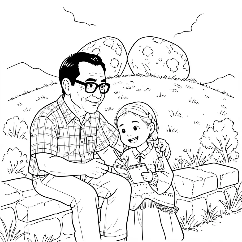 Dibujo para colorear: Lucía y su abuelo sentados en un muro de piedra; detrás, en lo alto de la loma, las dos piedras que se besan.