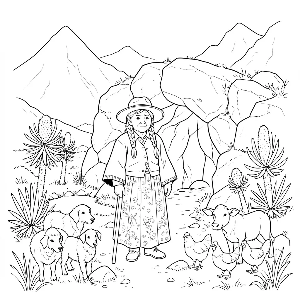 Dibujo para colorear: La Laca frente a su cueva con sus perros, ovejas, una vaca y gallinas, entre frailejones.