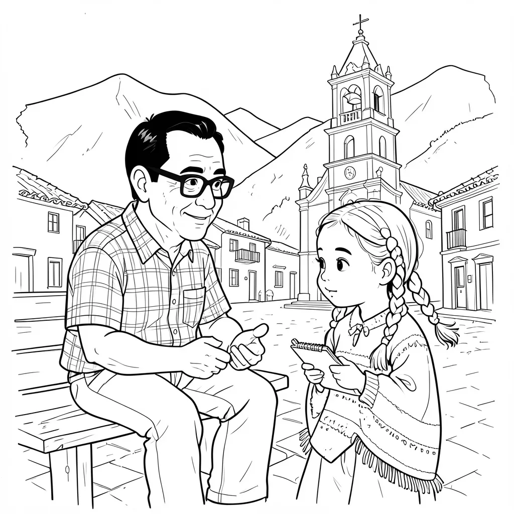 Dibujo para colorear: Lucía y su abuelo en la plaza de Timotes, frente a la iglesia.