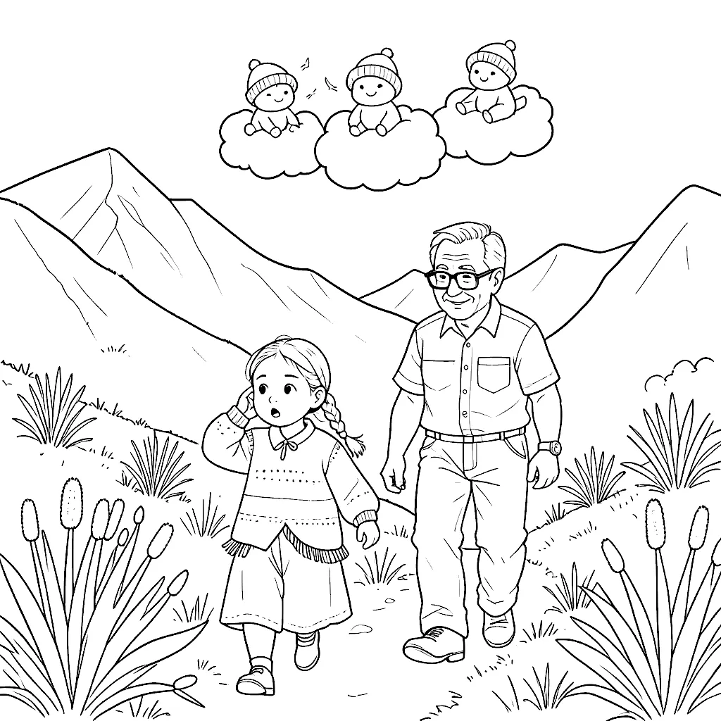 Dibujo para colorear: Lucía y su abuelo caminan por el páramo entre frailejones; arriba, tres Mucujoes en sus nubecitas.