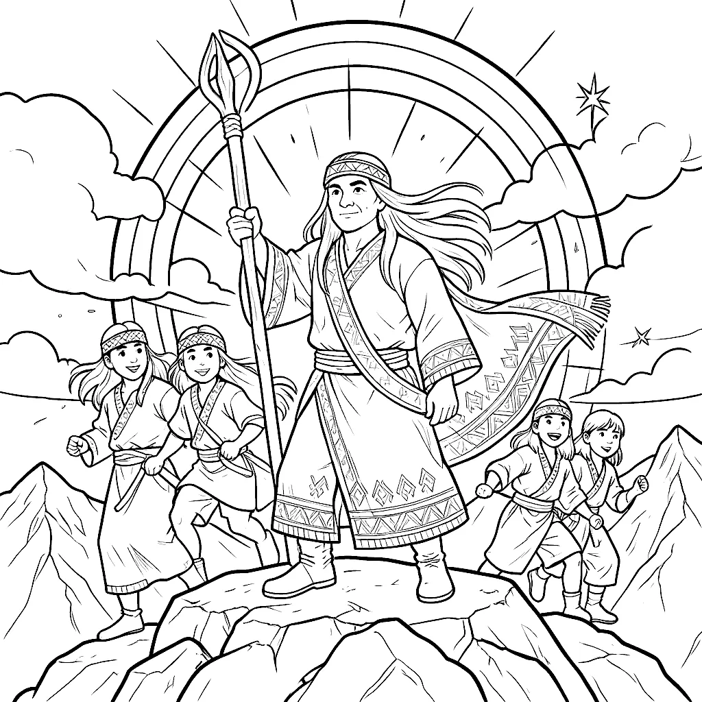 Dibujo para colorear: Stimots levanta su bastón en lo alto del páramo, rodeado de sus jóvenes guerreros.