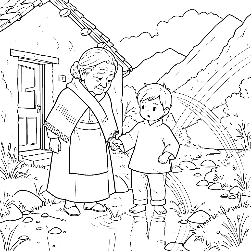 Dibujo para colorear: Mamá Chica y el Niño de Oro, tomados de la mano junto a la casona, miran los arco iris en la quebrada.