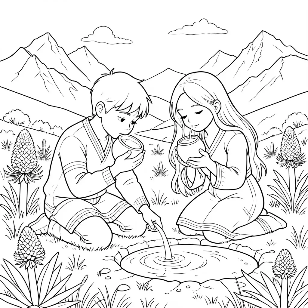 Dibujo para colorear: Arco y Arca siembran una semilla de agua y nace una laguna en el páramo.