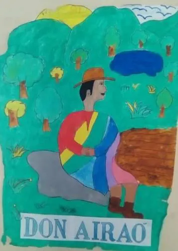 Pintura ingenua de Don Airao, con su sombrero y su ruana de colores, sentado en una piedra del páramo entre árboles y una laguna; el nombre va escrito en el propio cuadro.