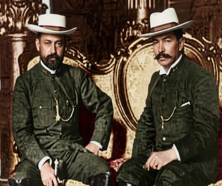 Fotografía histórica coloreada de dos hombres de uniforme y sombrero de jipijapa, sentados en sillones dorados. La crónica trata de los tiempos del general Cipriano Castro; el original no dice quiénes son.