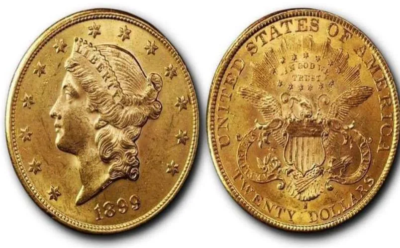 Una morocota por sus dos caras: la moneda de oro de veinte dólares de los Estados Unidos, acuñada en 1899, con la cabeza de la Libertad y el águila.