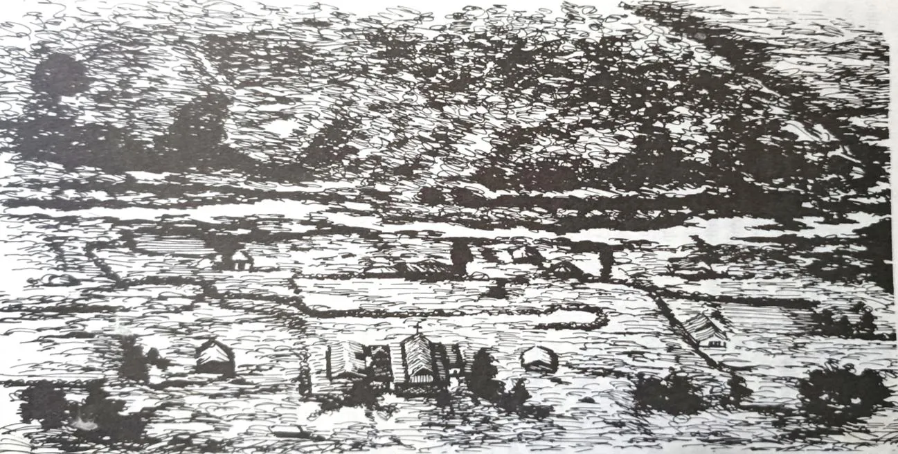 Dibujo a plumilla del caserío en el valle: las casas dispersas entre la vegetación y, en primer término, una construcción de mayor porte con su espadaña.