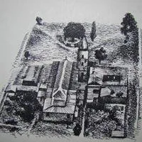 Grabado del templo y las casas del pueblo, en el mismo trazo a plumilla que el dibujo anterior.