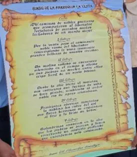 El Himno de la parroquia La Venta, impreso sobre un pergamino con sus cinco estrofas.