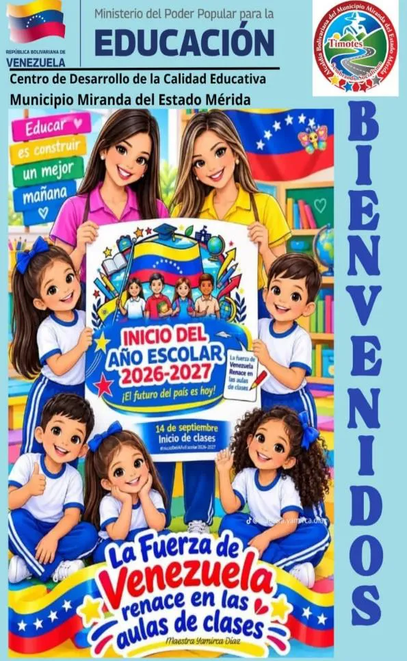Cartel de bienvenida al año escolar 2026–2027 del Centro de Desarrollo de la Calidad Educativa del municipio Miranda.