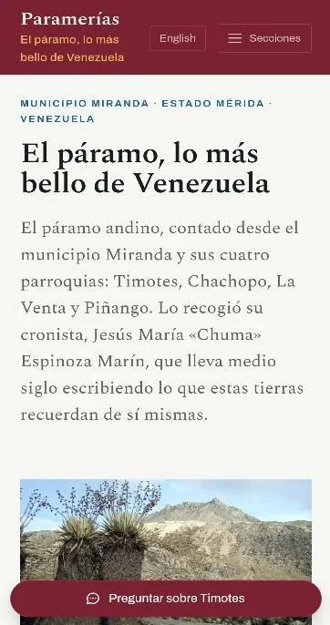 Otra captura del sitio: la entradilla «El páramo, lo más bello de Venezuela» y el botón del asistente al pie de la pantalla.