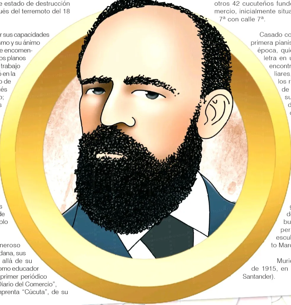 Ilustración de un hombre de barba poblada dentro de un aro dorado, recortada de una página impresa.