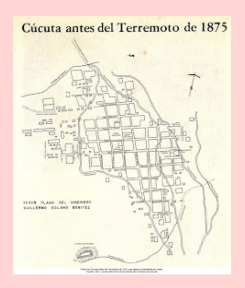Plano «Cúcuta antes del Terremoto de 1875», según el plano del ingeniero Guillermo Solano Benítez.