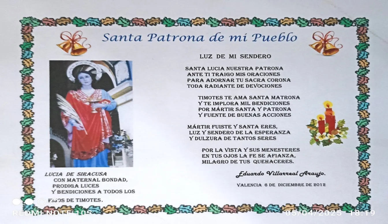 Tarjeta impresa «Santa Patrona de mi Pueblo» con el poema «Luz de mi sendero» y la imagen de Santa Lucía, firmada por Eduardo Villarreal Araujo en Valencia el 8 de diciembre de 2012.