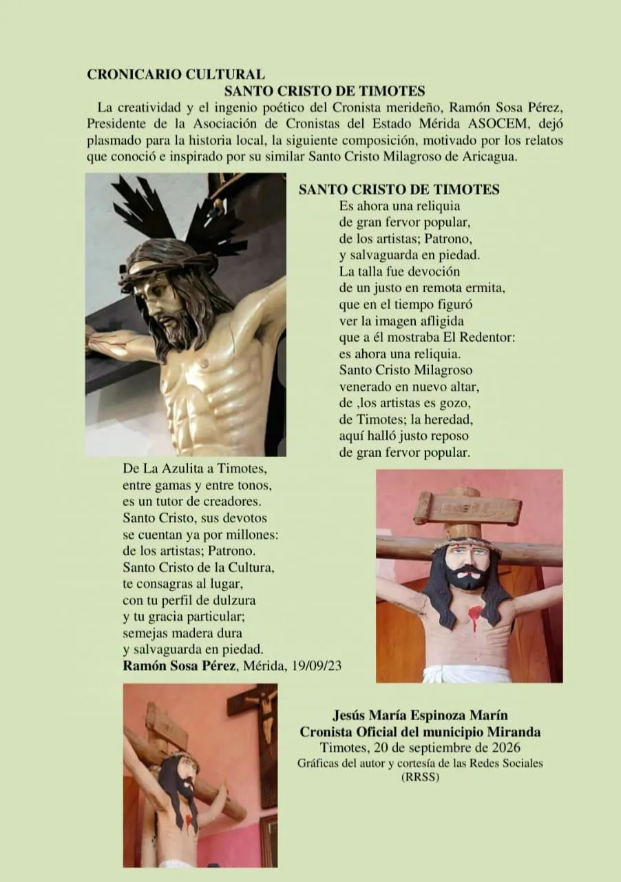 Una página del Cronicario Cultural: «Santo Cristo de Timotes», con la composición de Ramón Sosa Pérez (20 de septiembre de 2026).