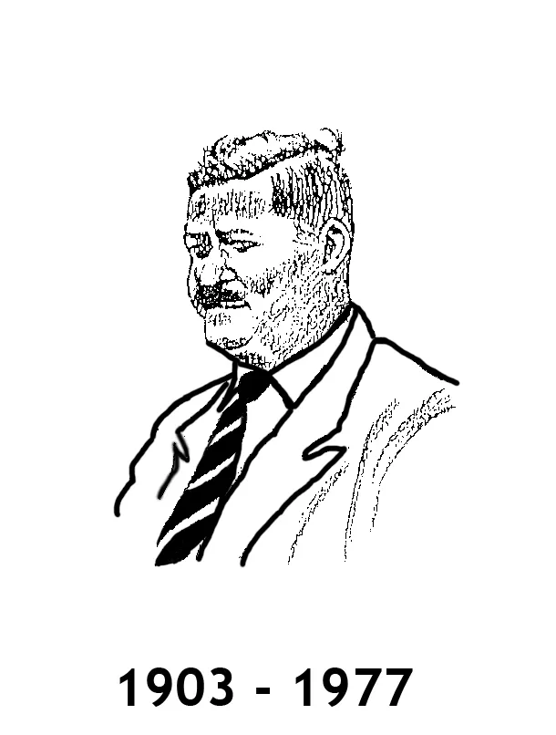 Retrato dibujado a plumilla de un hombre de bigote, saco y corbata a rayas, con los años «1903 - 1977»: acompaña la dedicatoria del autor a su padre.