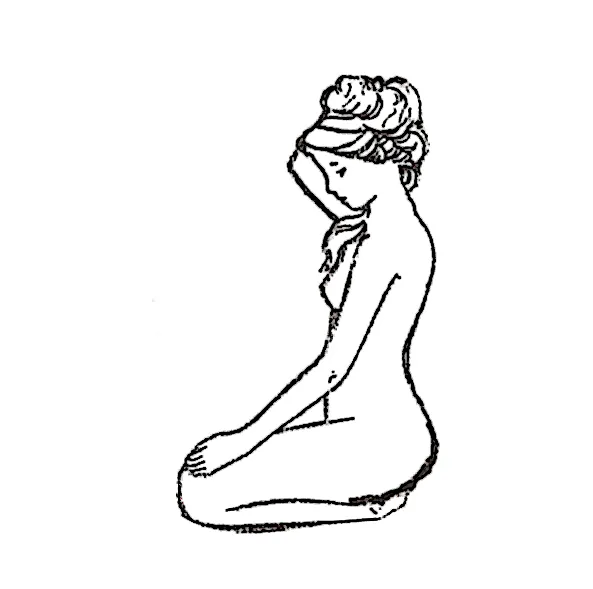 Dibujo a línea de una mujer desnuda arrodillada que se cubre los ojos con un brazo.