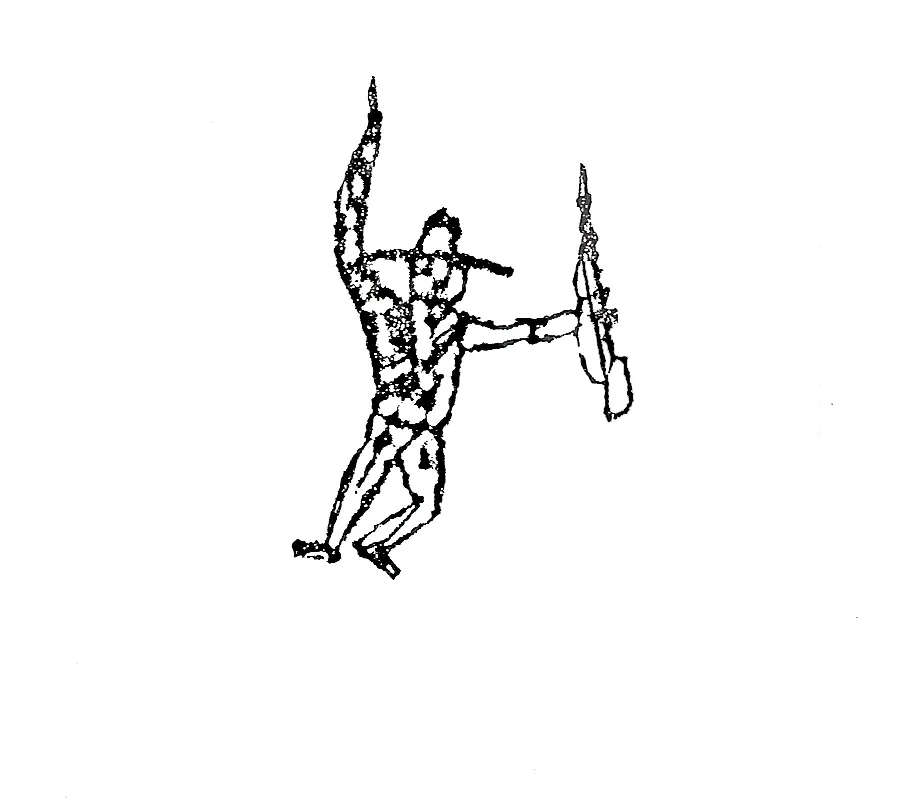 Dibujo a plumilla de un combatiente en movimiento con un arma en alto.