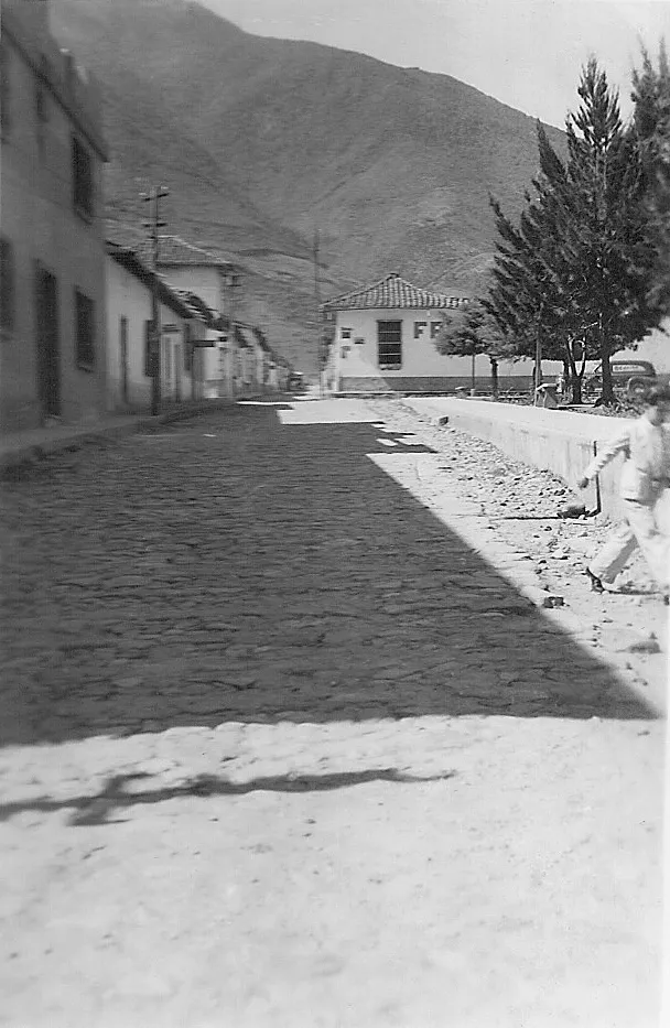 Fotografía antigua de una calle empedrada en pendiente, con casas de un piso y montañas al fondo.