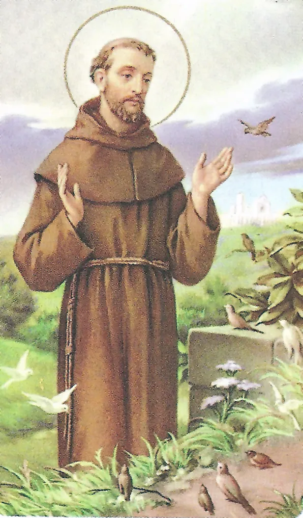 Estampa religiosa de San Francisco de Asís, de hábito pardo y aureola, con los brazos abiertos.