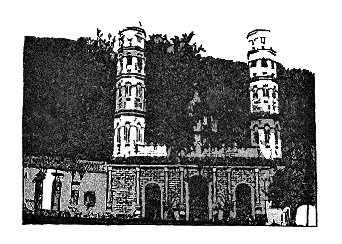 Grabado en blanco y negro de la fachada de la iglesia de Timotes, con sus dos torres.