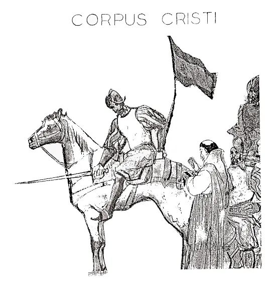 Dibujo a plumilla titulado «Corpus Cristi»: un conquistador a caballo, con lanza y estandarte, junto a una figura indígena.