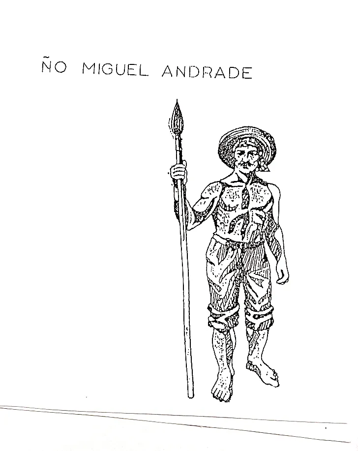 Dibujo a plumilla titulado «Ño Miguel Andrade»: un combatiente de sombrero, descalzo, con una lanza.