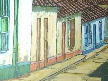Pintura de una calle de Timotes: las casas de puertas de madera y zócalos de color, bajo el alero de tejas.