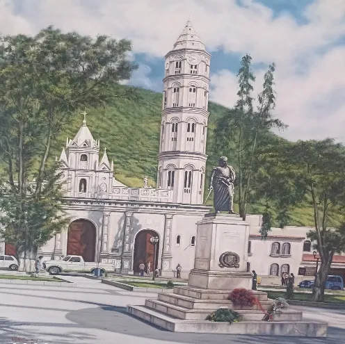 Cuadro al óleo del pintor Wilmer Rivas, nuestro máximo representante de la pintura: la plaza Bolívar de Timotes con la Basílica al fondo.