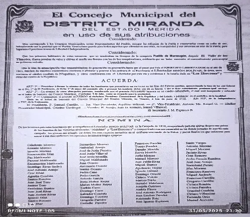Acuerdo enmarcado del Concejo Municipal del Distrito Miranda del Estado Mérida, con la nómina completa de los vecinos que se sumaron al Libertador en 1813. Lo refrenda como secretario J. M. Espinoza B.