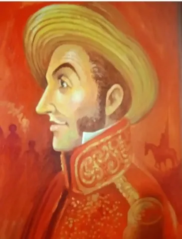 Cuadro del Libertador de perfil, con sombrero de cogollo y casaca roja, sobre un fondo encendido donde se adivina la tropa a caballo.