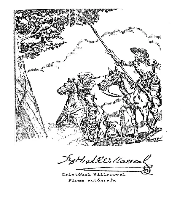 Ilustración a tinta de la hueste española abriéndose paso por la montaña, y debajo la firma autógrafa de Cristóbal Villarreal.