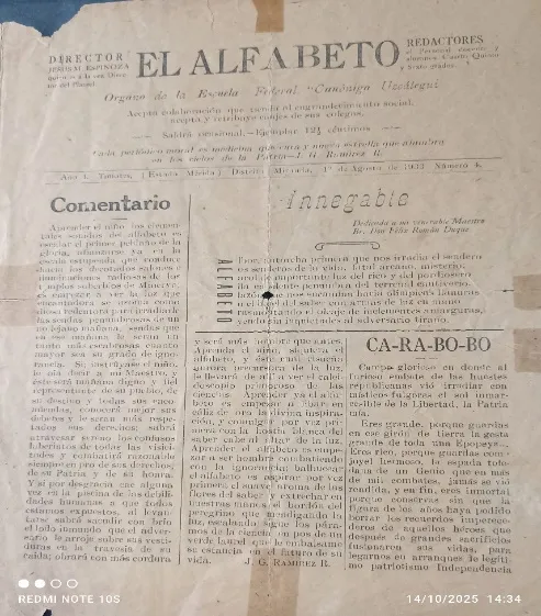 Primera plana de «El Alfabeto», año I número 4, Timotes, 1º de agosto de 1923: órgano de la Escuela Federal «Canónigo Uzcátegui», director Jesús M. Espinoza B.