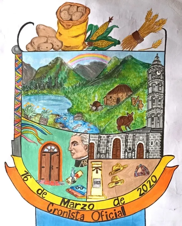 El escudo del Cronista Oficial pintado a mano, fechado el 16 de marzo de 2020: las papas, el maíz y el trigo en la cimera; el páramo con su laguna, el frailejonal, la casa de piedra, el venado y la torre; abajo el Libertador, el mojón de 1813, los sombreros y la puerta de madera.