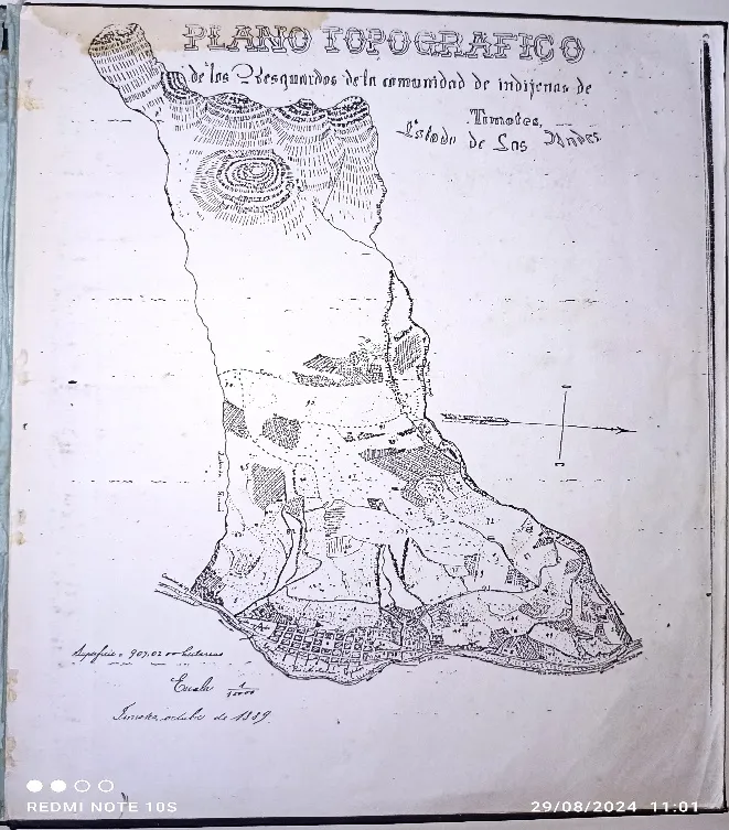 «Plano Topográfico de los Resguardos de la comunidad de indígenas de Timotes, Estado de Los Andes», levantado en octubre de 1889 sobre una superficie de 907,02 hectáreas.