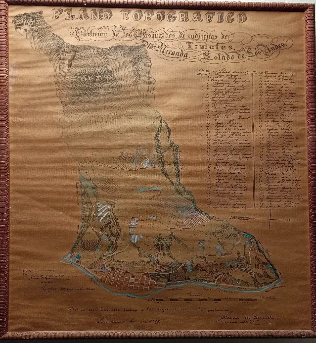 El plano de partición de los resguardos indígenas de Timotes, Distrito Miranda, Estado de Los Andes, enmarcado y a color, con la tabla de adjudicatarios al margen.