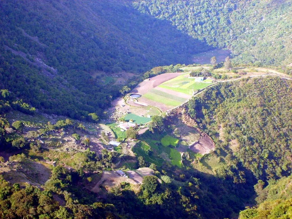 Fondo de valle sembrado entre laderas boscosas, visto desde lo alto.