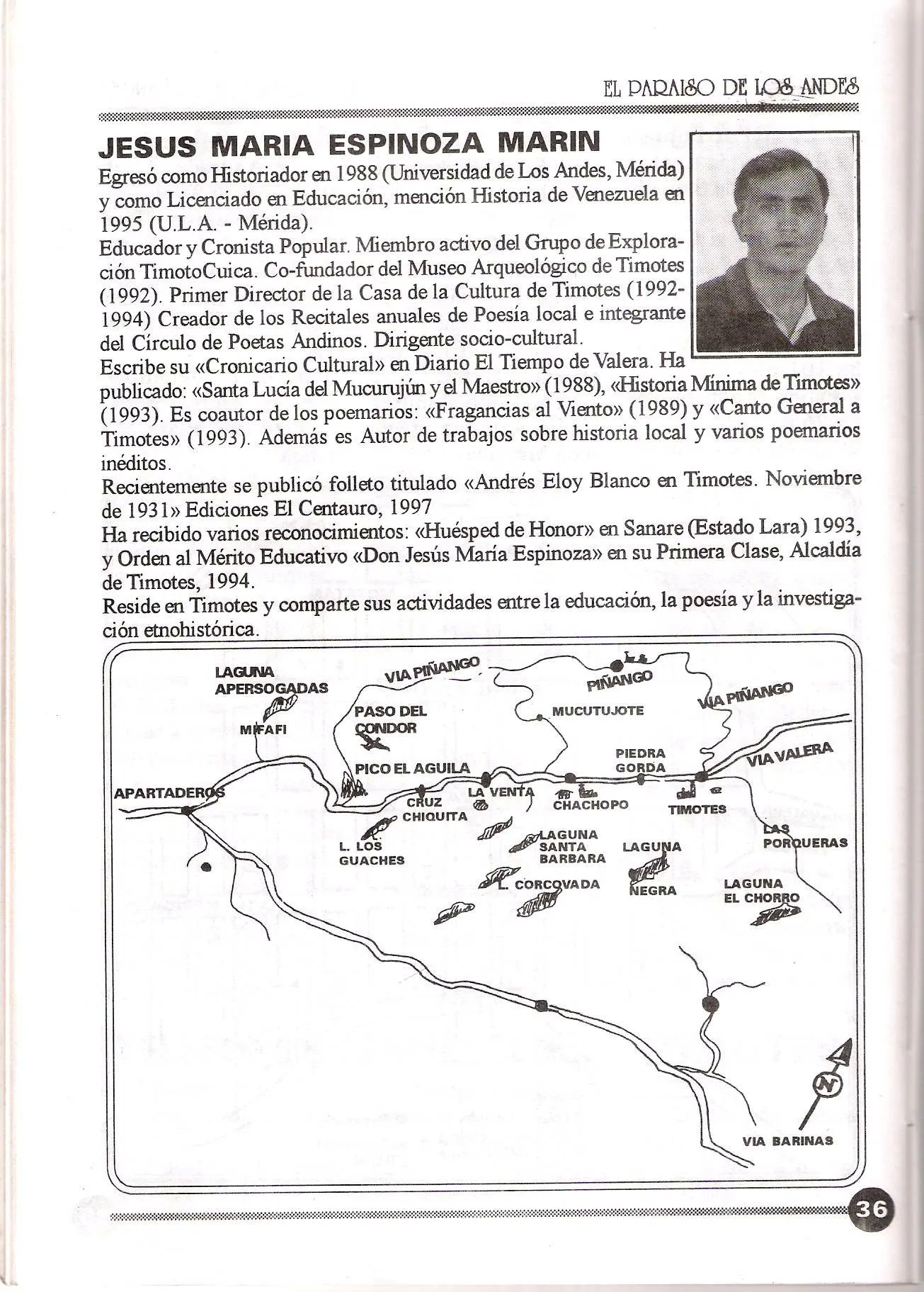 Página 36 del libro: la reseña biográfica del autor con su retrato, y debajo el mapa del municipio con las lagunas —Apersogadas, Los Guaches, Santa Bárbara, Corcovada, Negra, El Chorro— situadas respecto a Timotes, Chachopo, La Venta y Piñango.