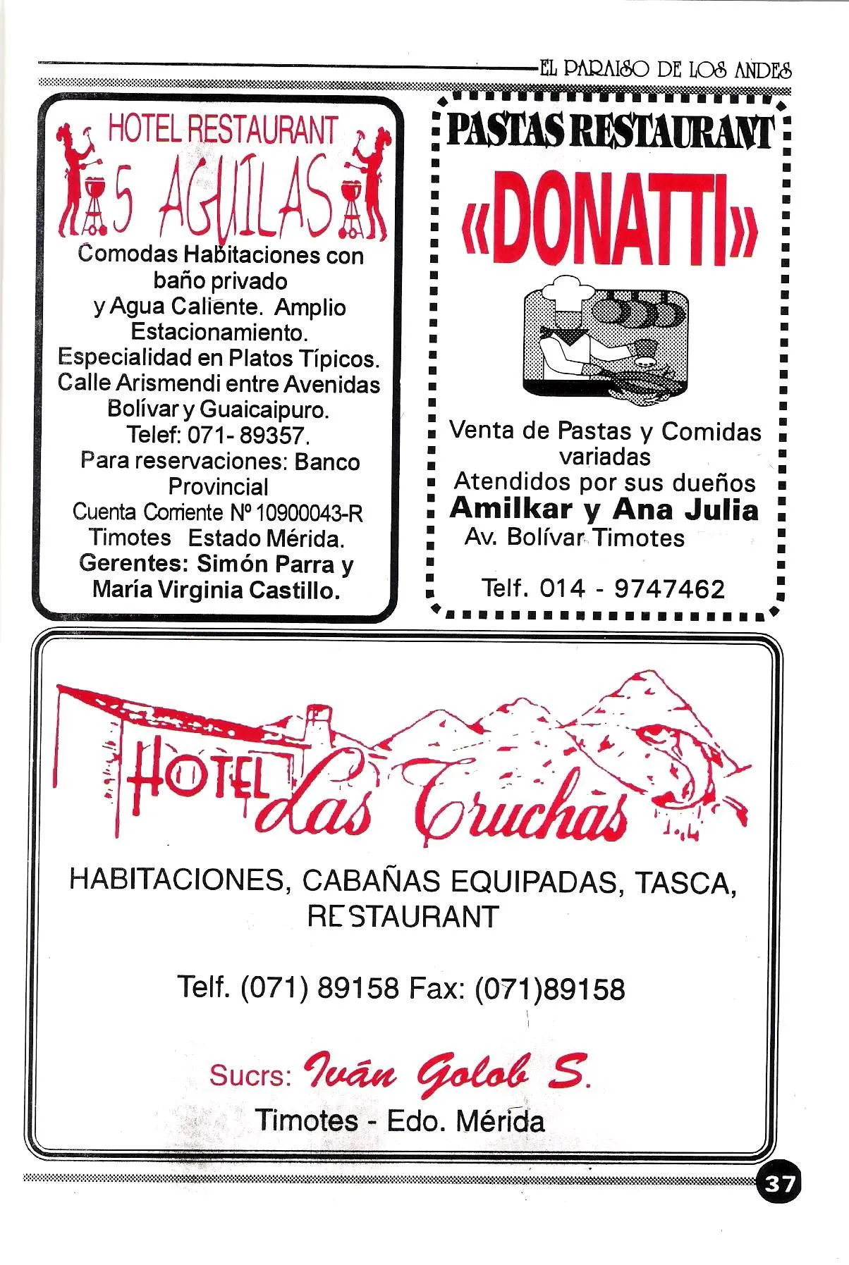 Página 37: avisos del Hotel Restaurant 5 Águilas, Pastas Restaurant «Donatti» y Hotel Las Truchas.