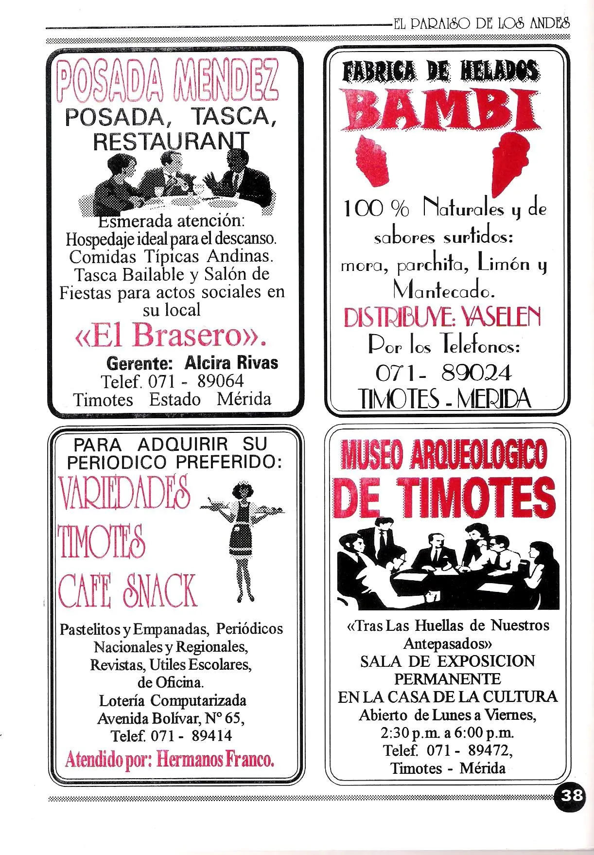 Página 38: avisos de la Posada Méndez, la Fábrica de Helados Bambi, Variedades Timotes Café Snack y el Museo Arqueológico de Timotes.