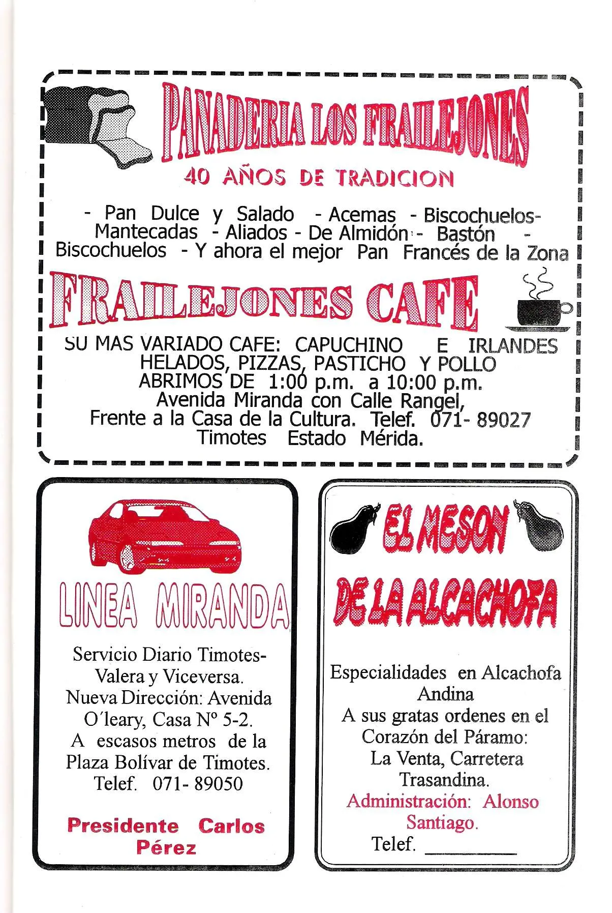 Página de avisos: Panadería Los Frailejones y Frailejones Café, Línea Miranda (servicio diario Timotes–Valera) y El Mesón de la Alcachofa, en La Venta.